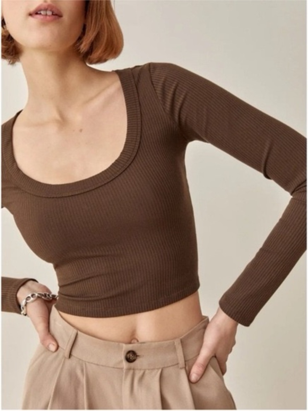 Reformation Brown Ribbed Scoop-Neck Long Sleeve Crop Top